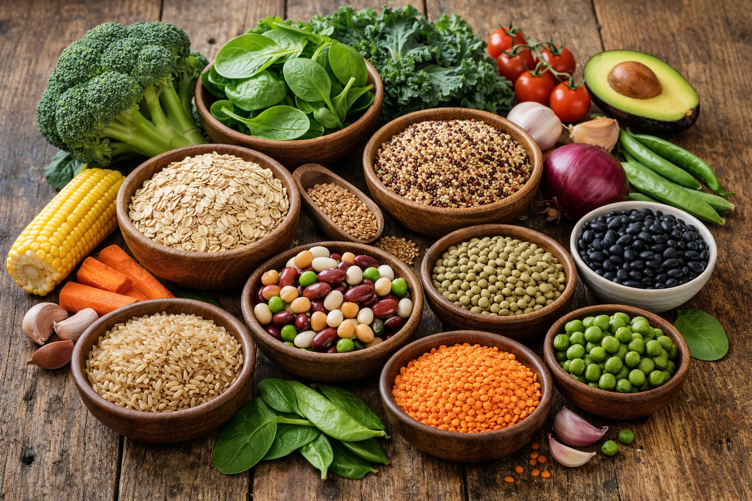 Colorful variety of high-fiber vegetables and whole grains arranged on a rustic wooden table, including broccoli, leafy greens, oats, quinoa, and legumes, natural lighting