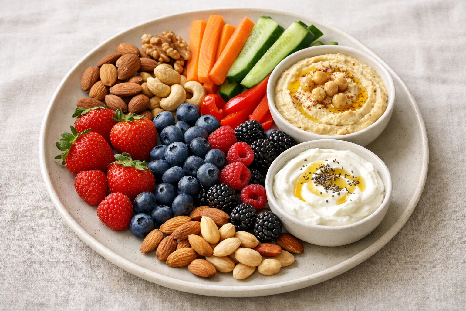Healthy snack platter with nuts, fresh berries, sliced vegetables, hummus, and greek yogurt, arranged aesthetically on a light ceramic plate, soft natural lighting